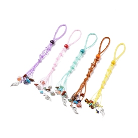 Braided Nylon Cord Macrame Pouch Pendant Decorations, Tumbled Gemstone Beaded Hanging Ornament, Interchangeable Stone, with Dyed Natural Wood Beads