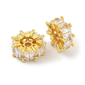 Brass Cubic Zirconia Spacer Beads, Long-Lasting Plated, Lead Free & Cadmium Free, Flat Round