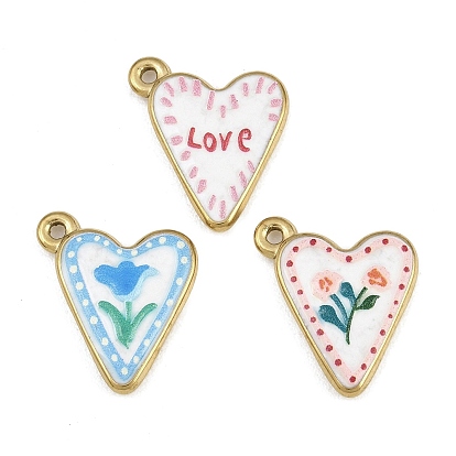 Colgantes de acero inoxidable esmaltados impresos 304, encantos del corazón, revestimiento de iones (ip), real 18 k chapado en oro