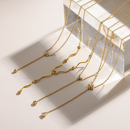 304 Collares con borlas de acero inoxidable con circonitas cúbicas transparentes engastadas, real 18 k chapado en oro