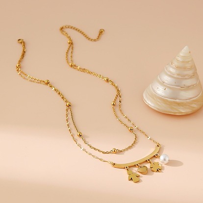 304 двухслойные ожерелья из нержавеющей стали и искусственного жемчуга в форме клеверного сердца для женщин