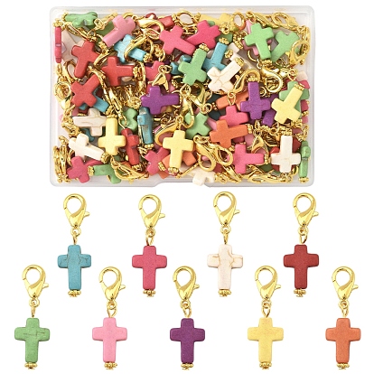 80Pcs Synthetic Turquoise Cross Pendant Decorations, with Alloy Lobster Claw Clasps, Golden