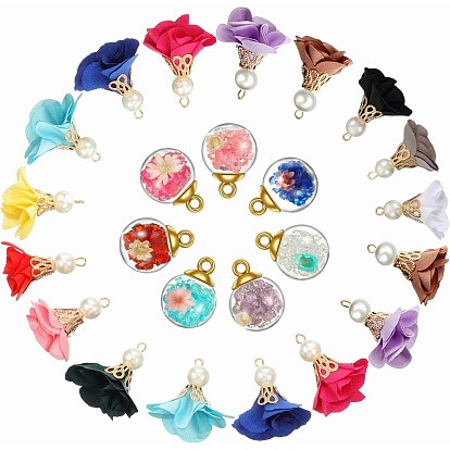 Flower Iron Pendants, with Cloth and ABS Plastic Imitation Pearl, Glass Ball Pendants, with Rhinestone and CCB Plastic Findings
