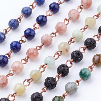 Natural Gemstone Handmade Beaded Chains, Unwelded, with Red Copper Tone Brass Eye Pin