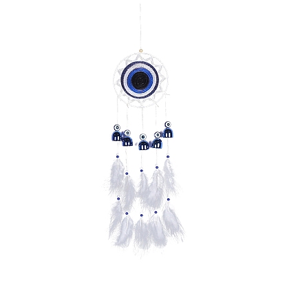 Handmade Woven Net/Web with Feather Wall Hanging Decoration, with Iron Bell and Evil Eye Bead, for Home Decoration