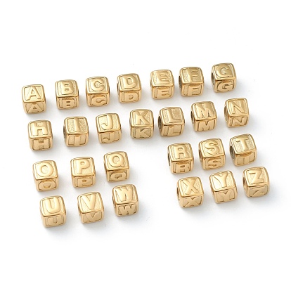 304 Stainless Steel European Beads, Large Hole Beads, Horizontal Hole, Cube with Alphabet