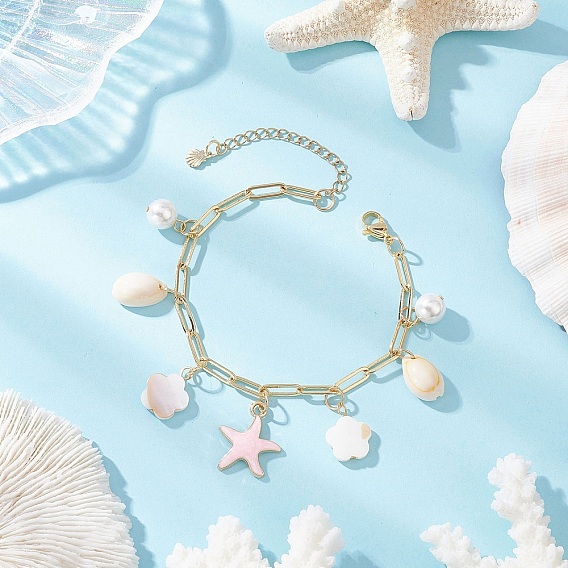 Браслеты с подвесками из натуральных пресноводных ракушек и эмалевой сплава, браслеты-цепочки из латуни для скрепок для женщин, морская звезда и цветок и звезда и сердце