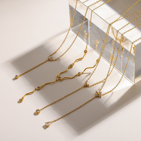 304 Stainless Steel Pave Clear Cubic Zirconia Y Tassel Necklaces, Real 18K Gold Plated