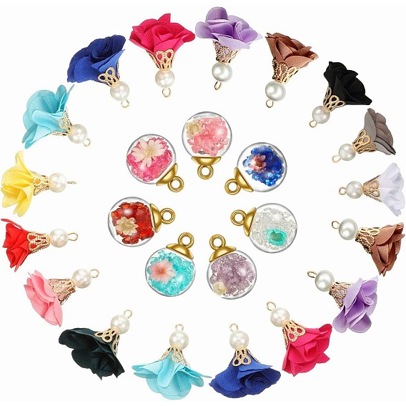 Flower Iron Pendants, with Cloth and ABS Plastic Imitation Pearl, Glass Ball Pendants, with Rhinestone and CCB Plastic Findings