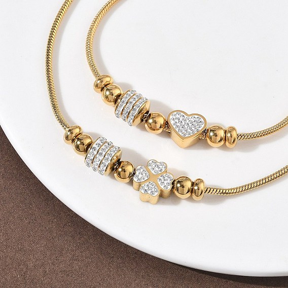 Стразы из полимерной глины в европейском стиле и 201 браслеты из бусин из нержавеющей стали, 304 женские браслеты-змейки из нержавеющей стали, ионное покрытие (ip), реальный 18 k позолоченный