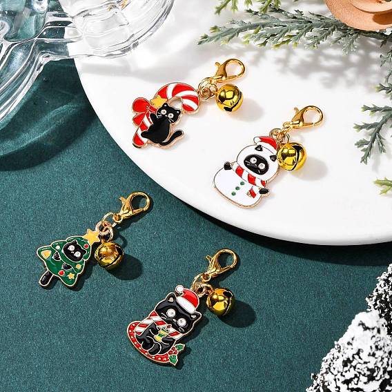 4 шт. подвески в виде рождественского кота из эмалевого сплава с латунными колокольчиками, с карабин-лобстерами 