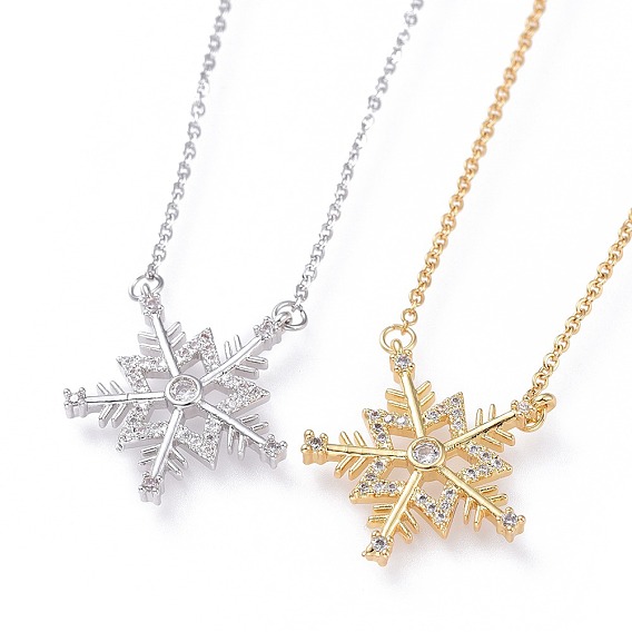 Ожерелье с кулоном из кубического циркония, с 304 цепи из нержавеющей стали, кабельные цепи и зажимные клещи омара, Рождественские снежинки, прозрачные