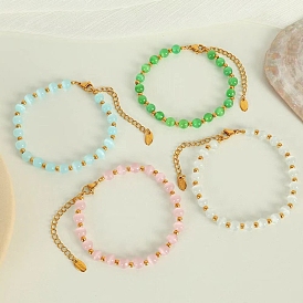 Элегантные европейские браслеты из круглого кошачьего глаза 5.8мм с цепочками на концах из нержавеющей стали для женщин, золотые