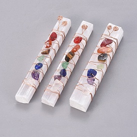 Chakra Jewelry, Natural Selenite Home Decorations, Energy Wands, for Meditation Yoga and Balancing, with Brass Wire Wrapped and Natural Gemstone Chip Beads, Rectangle