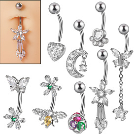 304 Anneaux de nombril en acier inoxydable avec strass en cristal, couleur inox
