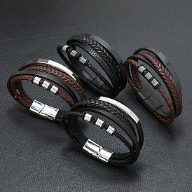 Leather Four Layer Multi-strand Bracelet, with Alloy Magnetic Clasp