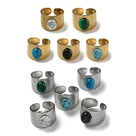 304 Stainless Steel Open Cuff Rings, Synthetic Malachite & Turquoise Oval Wide Band Rings for Women Men