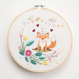 DIY Fox Pattern Embroidery Kit, Including Imitation Bamboo Hoop, Carbon Steel Needles, Fabric and Colorful Threads