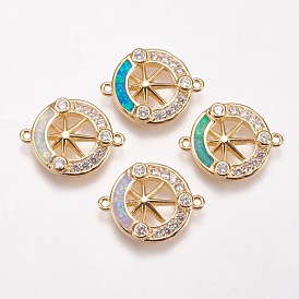 Brass Micro Pave Cubic Zirconia Links, Cadmium Free & Lead Free, with Synthetic Opal, Flat Round with Star