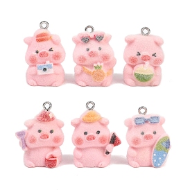 Флокированные подвески из непрозрачной смолы, свинья очарование, с железной платиной петлей