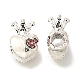 Rack Plating Alloy European Beads, with Rhinestone, Large Hole Beads, Lead Free & Cadmium Free, Heart Crown with Word Love