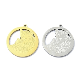 201 Stainless Steel Pendants, Laser Cut, Flat Round with Leopard Charm