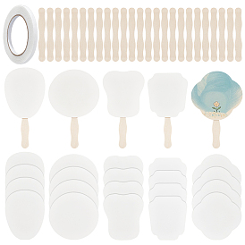 30шт 5 стили бумажный ручной веер, фанаты пустой живописи, с 30шт. деревянных палочек для поделок и 1 рулоном канцелярских школьных принадлежностей, двусторонней клейкой ленты