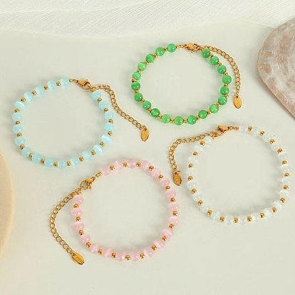 Элегантные европейские браслеты из круглого кошачьего глаза 5.8мм с цепочками на концах из нержавеющей стали для женщин, золотые