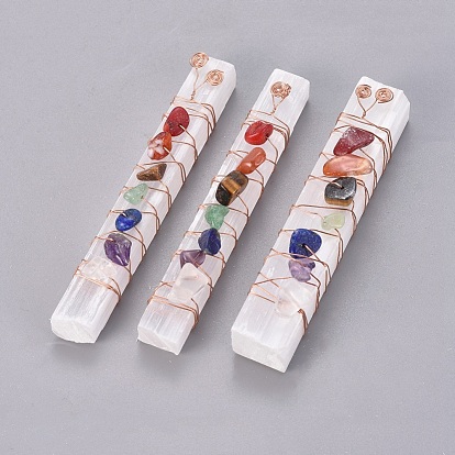 Chakra Jewelry, Natural Selenite Home Decorations, Energy Wands, for Meditation Yoga and Balancing, with Brass Wire Wrapped and Natural Gemstone Chip Beads, Rectangle