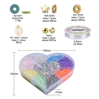 DIY Sufer heishi Bracelet Making Kit, Including Disc/Flat Round Polymer Clay Beads, ABS & CCB Plastic Beads, Letter Acrylic & Natural Cowrie Shell Beads and Elastic ThreadCrystal Thread
