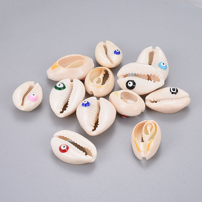 Cowrie Shell Beads, with Enamel, No Hole/Undrilled, Evil Eye