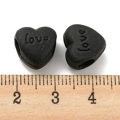 Spray Painted Alloy European Beads, Rubberized Style, Large Hole Beads, Heart with Word Love