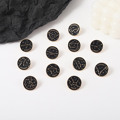 Zodiac Constellation Alloy Round Brooch with Golden Letters - Creative Enamel Badge
