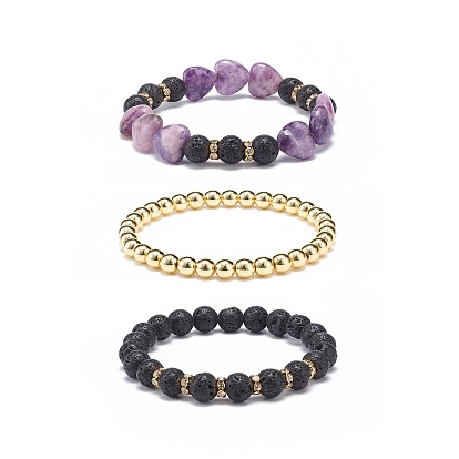 3Pcs 3 Style Heart Natural Purple Mica Stone & Lava Rock & Synthetic Hematite Beaded Stretch Bracelets Set, Essential Oil Gemstone Jewelry for Women