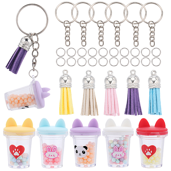 Набор для самостоятельного изготовления брелока в виде чашки для чая с молоком, включая бутылку с кошачьими ушками из смолы и подвески с кисточками из искусственной замши, железные разрезные кольца для ключей и разрезные кольца