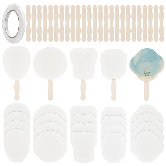 30шт 5 стили бумажный ручной веер, фанаты пустой живописи, с 30шт. деревянных палочек для поделок и 1 рулоном канцелярских школьных принадлежностей, двусторонней клейкой ленты