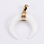 Natural White Shell Mother of Pearl Shell Pendants, with Golden Tone Brass Bail, Crescent Moon/Double Horn
