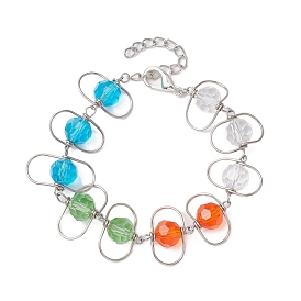 Copper Wire Wrapped Colorful Faceted Glass Round Bead Link Bracelets for Women, Platinum