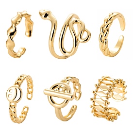 6 pcs 6 styles bagues de manchette en laiton, anneaux ouverts, plaqué longue durée, bague avec barre & serpent & losange & twist & visage souriant