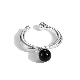 S925 Sterling Silver Open Cuff Ring for Women, with Natural Black Agate, Round