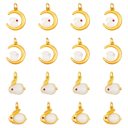 16 шт 4 стиль стеклянные подвески, со сплавочной фурнитурой и стразами, матовый золотой цвет, луна с кроликом и кроликом