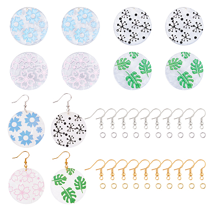 DIY Cellulose Acetate(Resin) Earring Making Kits, Including Flat Round  Pendants, Brass Earring Hooks