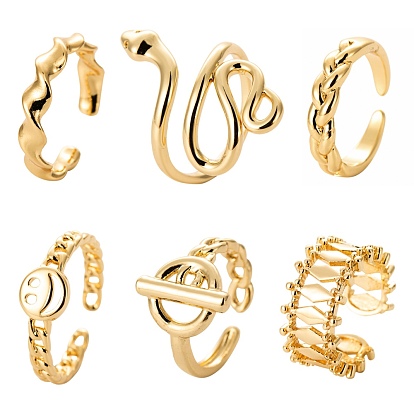 6Pcs 6 Styles Brass Cuff Rings, Open Rings, Long-Lasting Plated, Ring with Bar & Snake & Rhombus & Twist & Smiling Face