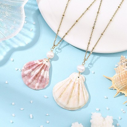 Natural Scallop Shell Pendant 304 Stainless Steel Satellite Chain Necklaces with Natural Pearl, Golden