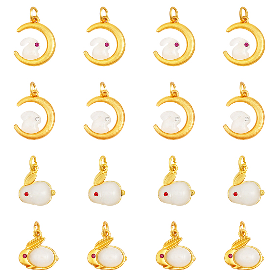 16 шт 4 стиль стеклянные подвески, со сплавочной фурнитурой и стразами, матовый золотой цвет, луна с кроликом и кроликом