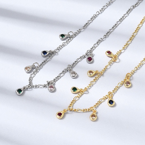 Подвеска в форме капли из латуни с микропаве из кубического циркония, цепочки Фигаро для женщин, стойки покрытие, без кадмия и без свинца, долговечный