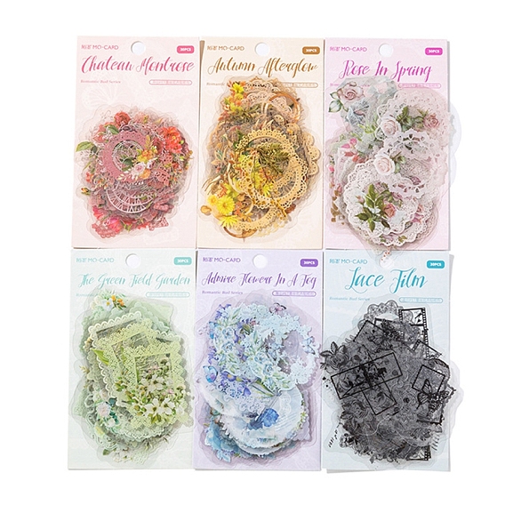 30Pcs Waterproof PET Hollow Lace Sticker Labels, Self-adhesive Flower Decorative Decals, for DIY Scrapbooking
