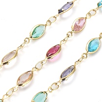 Handmade Colorful Glass Horse Eye Link Chains, with Brass Findings, with Spool, Soldered