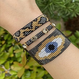 Boho Evil Eye Beaded Bracelet Set with Retro Leopard Print, Handmade Weave Jewelry