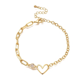 Pulseras de cadena tipo cable con micropavé de latón y circonitas cúbicas transparentes en forma de corazón para mujeres y niñas